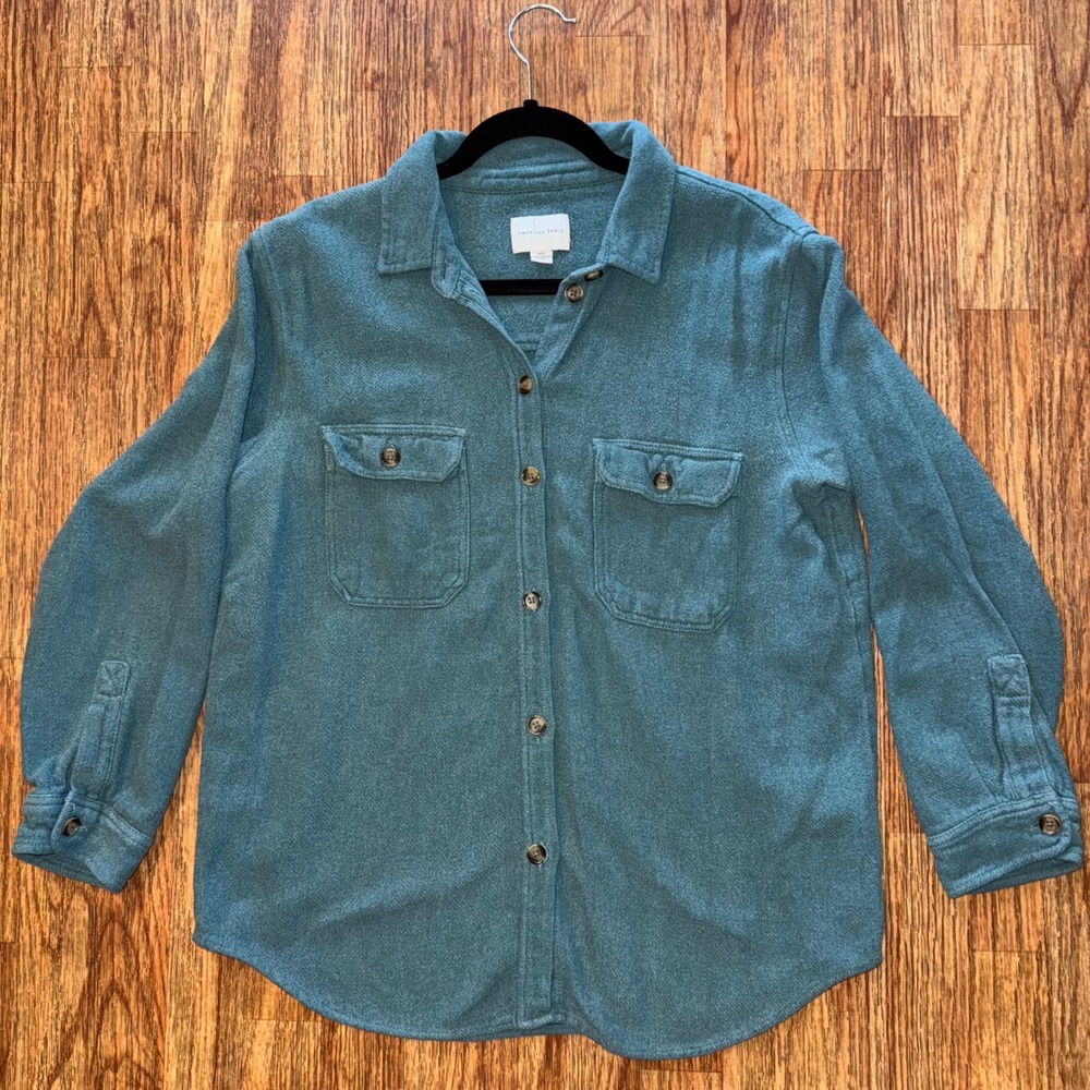American Eagle Shirt Jacket Shacket Teal Cotton Button Up Overshirt Womens L